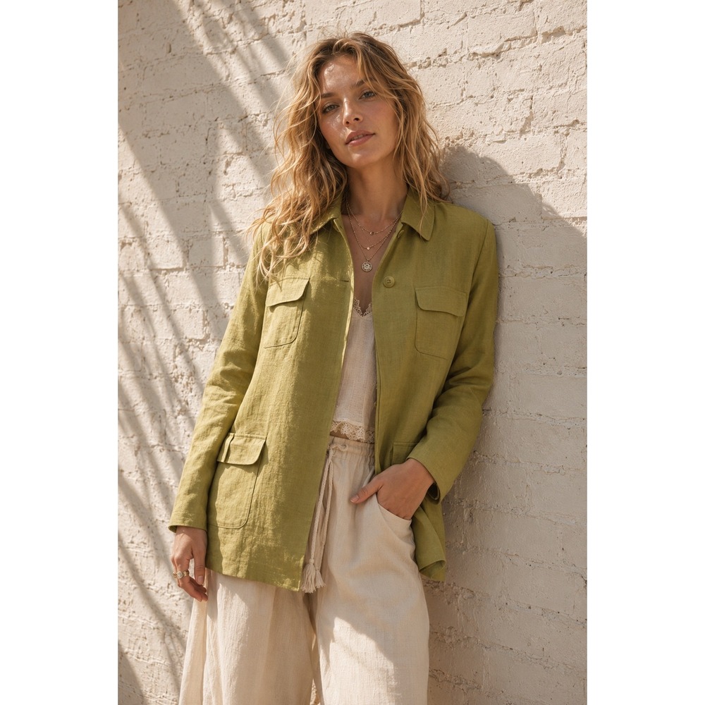 Planet Chartreuse Green 100% Linen Safari Utility Jacket Blazer Minimalist 12